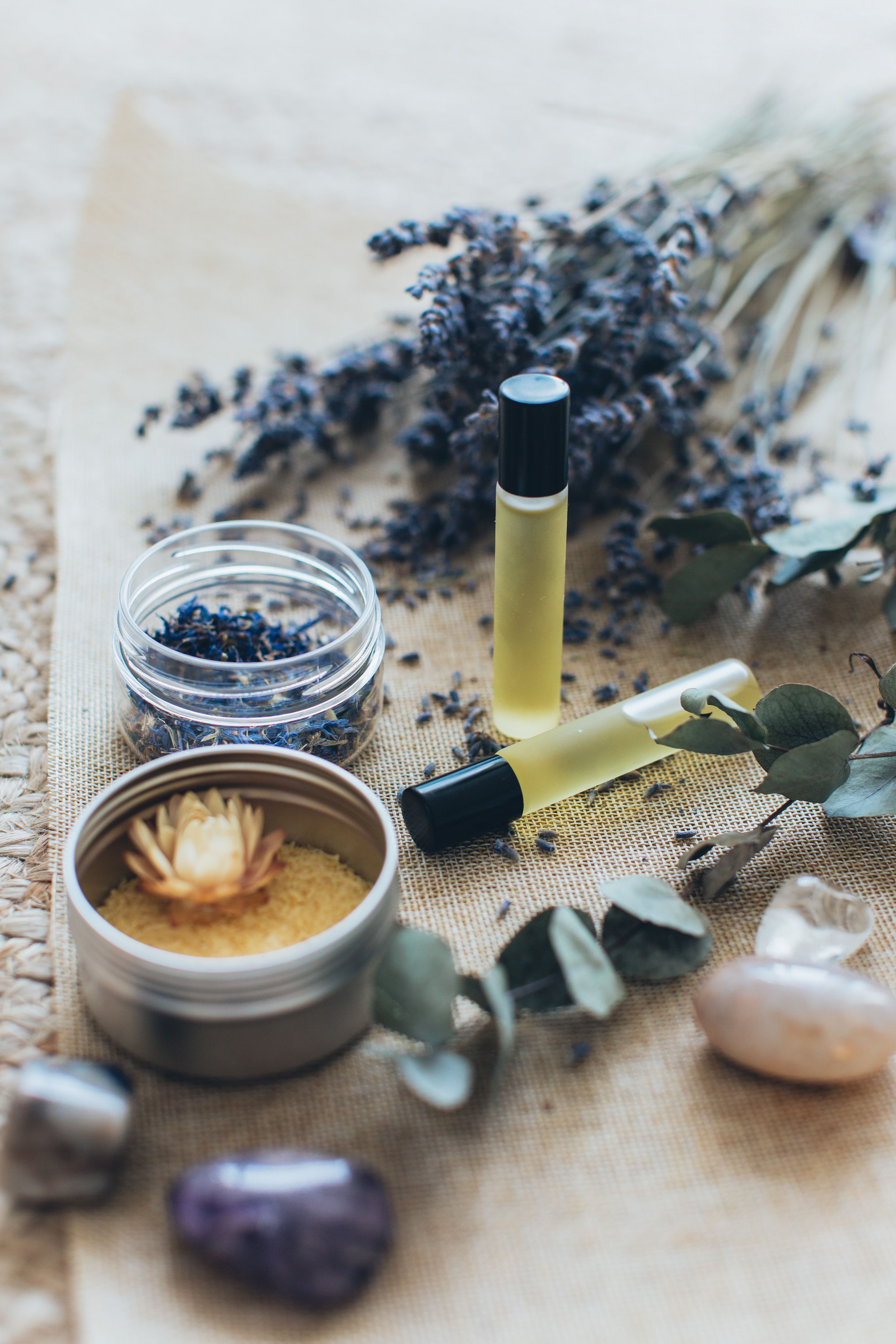 Lavender essential oil with dried flowers